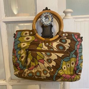 Colorful Patterned Tote Bag with Wooden Handles